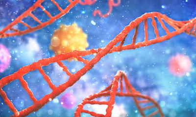 Wall Mural - medicine concept. viruses between dna on the blurred background. 3d illustration