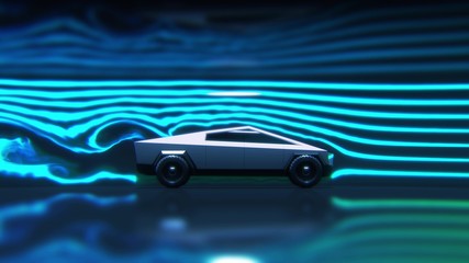 Concept car aerodynamics test in wind tunnel, side view 3d rendering