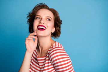 Poster - Closeup photo of funny pretty lady spend time enjoy warm autumn season breeze blow hairdo flight best emotions wear casual red white shirt isolated bright blue color background