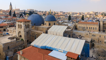 Wall Mural - View from top of church on two domes and belfry of the Church of the Holy Sepulchre in Jerusalem