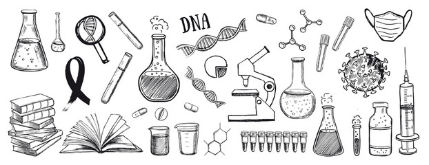 Laboratory research vector hand drawn icons set. Coronavirus, dna, blood test. 