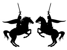 Medieval Hero Knight Holding Sword Riding Rearing Up Horse Black Vector Silhouette Outline