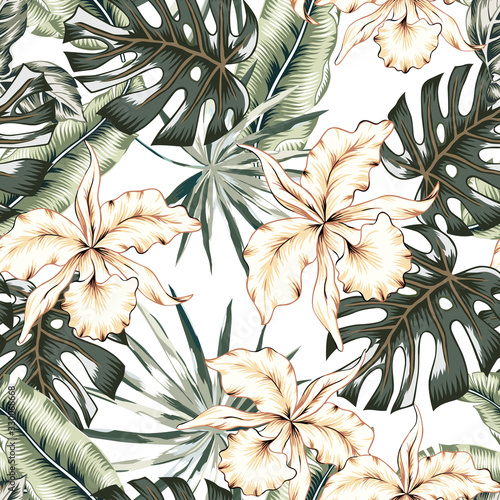 tropikalne-kwiaty-orchidei-monstera-liscie-palm-bananowych-biale-tlo-wektor-wzor-ilustracja-lisci-dzungli-rosliny-egzotyczne-kwiatowy-wzor-letniej-plazy-rajska-przyroda