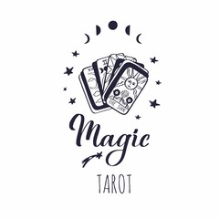 Vintage Tarot deck vector illustration. Hand drawn style. Occult symol of sun and moon phases. Magic and Witchcraft cover, background