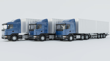Wall Mural - Semi Container Trucks with Blue Cabins Aligned in a Row on White Background 3D Rendering