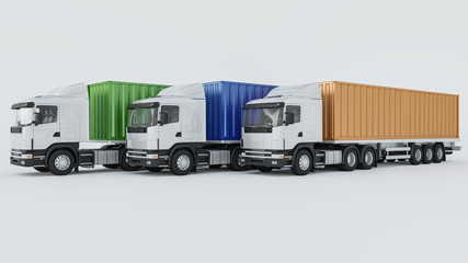 Wall Mural - Semi Trucks with Containers in Different Colors on White Background 3D Rendering