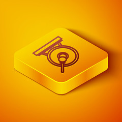 Isometric line Gong musical percussion instrument circular metal disc and hammer icon isolated on orange background. Yellow square button. Vector Illustration