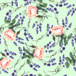 Watercolor pattern with flowers of lavender and roses