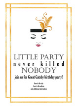 Hand Drawn Watercolor Birthday Party Invitation With Golden Frame And Woman. Vintage Card Template, Jewel Imitation. Art Deco And Art Nouveau Elements. Great Gatsby Party Poster Or Flyer.