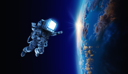 Wall Mural - astronaut with tv head in space. mixed media.