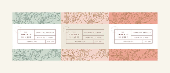 Wall Mural - Vector set pattens for cosmetics with label template design. Patterns or wrapping paper for package and beauty salons. Magnolia flowers. Organic, natural cosmetic.