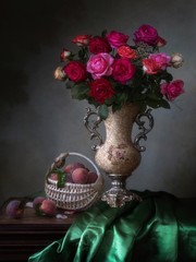 Still life with peaches and bouquet of garden roses