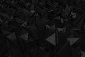  3d rendering of minimalistic black background with grunge triangle pieces. Selective focus