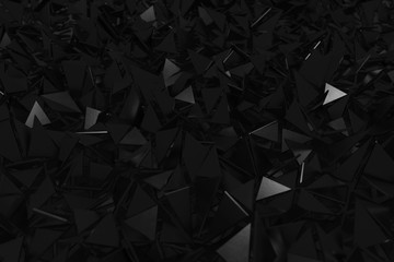  3d rendering of minimalist black background with triangle pieces. Selective focus
