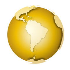 Sticker - Earth globe. 3D world map with metallic lands dropping shadows on gold surface. Vector illustration