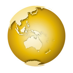 Poster - Earth globe. 3D world map with metallic lands dropping shadows on gold surface.. Vector illustration