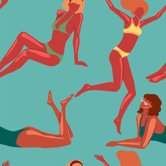 Seamless pattern of beautiful women in swimsuit. Girls on the beach vacation, summer fashion. Vintage vector wallpaper in cartoon flat style. Colored background for design print, wrap, fabric, textile