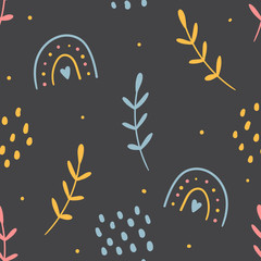 Wall Mural - Kids hand drawn seamless pattern with rainbows for print, apparel design, textile. Modern cute girly background.