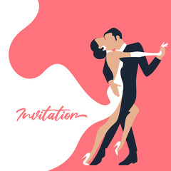 Tango dance. Vector illustration of couple at a wedding in the style of the early 20th century. Retro marriage party invitation card. Flat art style.