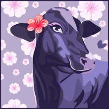 Purple Cow With A Hibiscus Flower On Her Ear. Pretty Farm Animal With Big Eyes On A Floral Spring Background With Blossoms In Bloom.