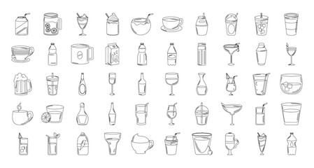 Wall Mural - drinks beverage glass cups bottle alcoholic liquor icons set line style icon