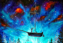 Space Travel On A Pirate Ship Peter Pan Watercolor Painting On Acrylic On Canvas. A Boy On A Flying Ship In Starry Space.