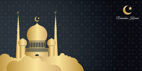 Greeting card ramadan kareem background with modern pattern, star, and mosque decoration. Abstract background for presentation design, banner, flyer, poster, corporate and business. Gold black gradien