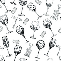 Wine, champagne glasses , drink vector seamless pattern on white background. Concept for menu, cards, wallpaper, wrapping paper 