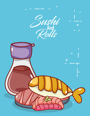 Wall Mural - kawaii sake fish meat food japanese cartoon, sushi and rolls