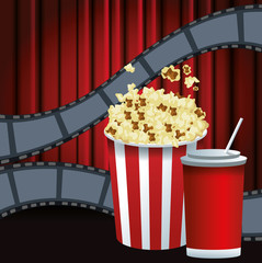 Poster - popcorn bucket and soda cup and film reels