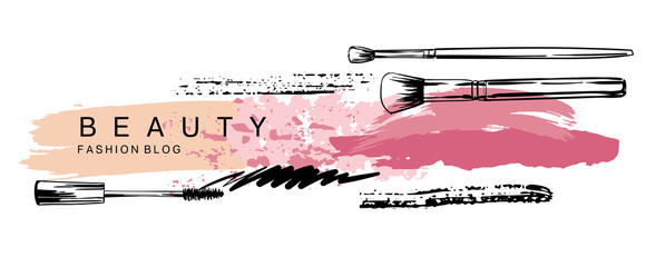 Cosmetics and fashion banner with  mascara, lipstick and make up brush strokes