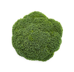 Fresh green Broccoli isolated on white background, closeup top view.