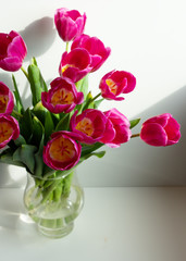 Wall Mural - Vivid bouquet of purple tulips in Still Life in a glass vase on white wooden chair. White interior.