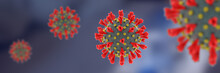 New Coronavirus On Blue Background Wide Banner. Severe Acute Respiratory Syndrome Virus, SARS-CoV-2, Causing COVID-19 Disease. Detailed 3D Render Of Medical Concept Of Contagious Illness
