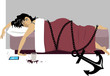 © aleutie - Middle aged woman lying in bed chained to an anchor representing an extreme fatigue,  EPS 8 vector illustration