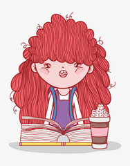 Sticker - cute girl hairred with smoothie and book cartoon