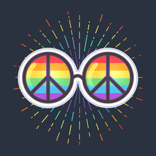 Hippie Sunglasses With Rainbow Lenses And Peace Sign. Gay Pride. LGBT Concept, Vector Colorful Illustration. Sticker, Patch, T-shirt Print, Logo Design.