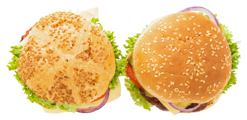 Wall Mural - fresh tasty burgers isolated on white background. Top view