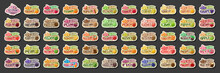 Vector Set Of Ice Cream Labels, 54 Cut Out Illustrations Of Variety Fruit Icecreams On Black, Group Of Various Ice Creams With Fruits Ingredients, Many Assorted Ice Cream Logos With Different Text.