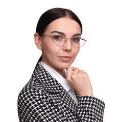 Wall Mural - Portrait of young businesswoman on white background