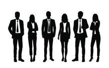 Vector Silhouettes Of  Men And A Women, A Group Of Standing  Business People, Black And White Color Isolated On White Background