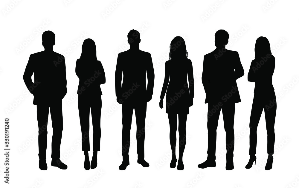 Vector silhouettes of  men and a women, a group of standing  business people, black color isolated on white background - obrazy, fototapety, plakaty 