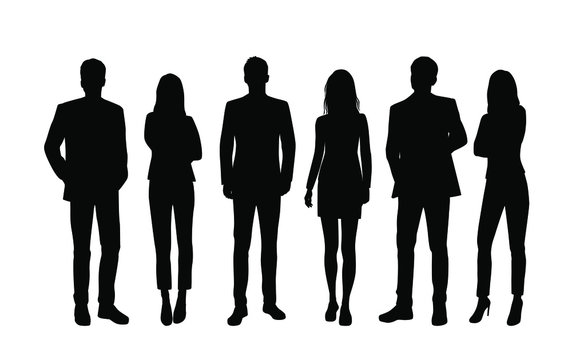 vector silhouettes of men and a women, a group of standing business people, black color isolated on 