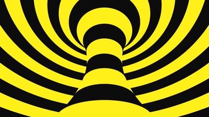 Wall Mural - Black and yellow psychedelic optical illusion. Abstract hypnotic animated background. Spiral geometric looping warning wallpaper