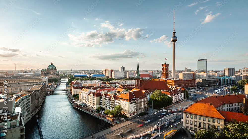 Berlin skyline panorama with TV tower and Spree river at sunset, Berlin, Germany - obrazy, fototapety, plakaty 