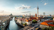 Berlin skyline panorama with TV tower and Spree river at sunset, Berlin, Germany