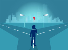 Vector of a business man standing at crossroads feeling confused trying to make the right choice