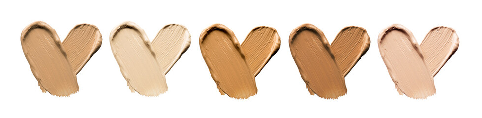 Wall Mural - Foundation smears palette close-up. Heart shaped make-up smudge, smear. Cosmetic liquid bb cream beige color smudges, strokes. Colorful Liquid Make up concealer isolated on white background. 