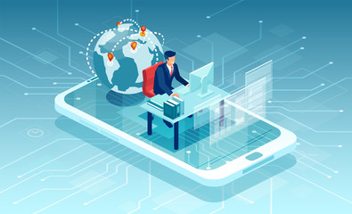 Wall Mural - vector of a business man working online in a mobile social media platform communicating with custome