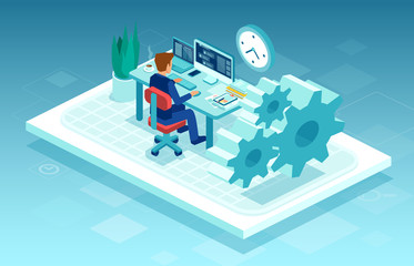Wall Mural - Vector of a man working on pc at his desk, freelancing from home